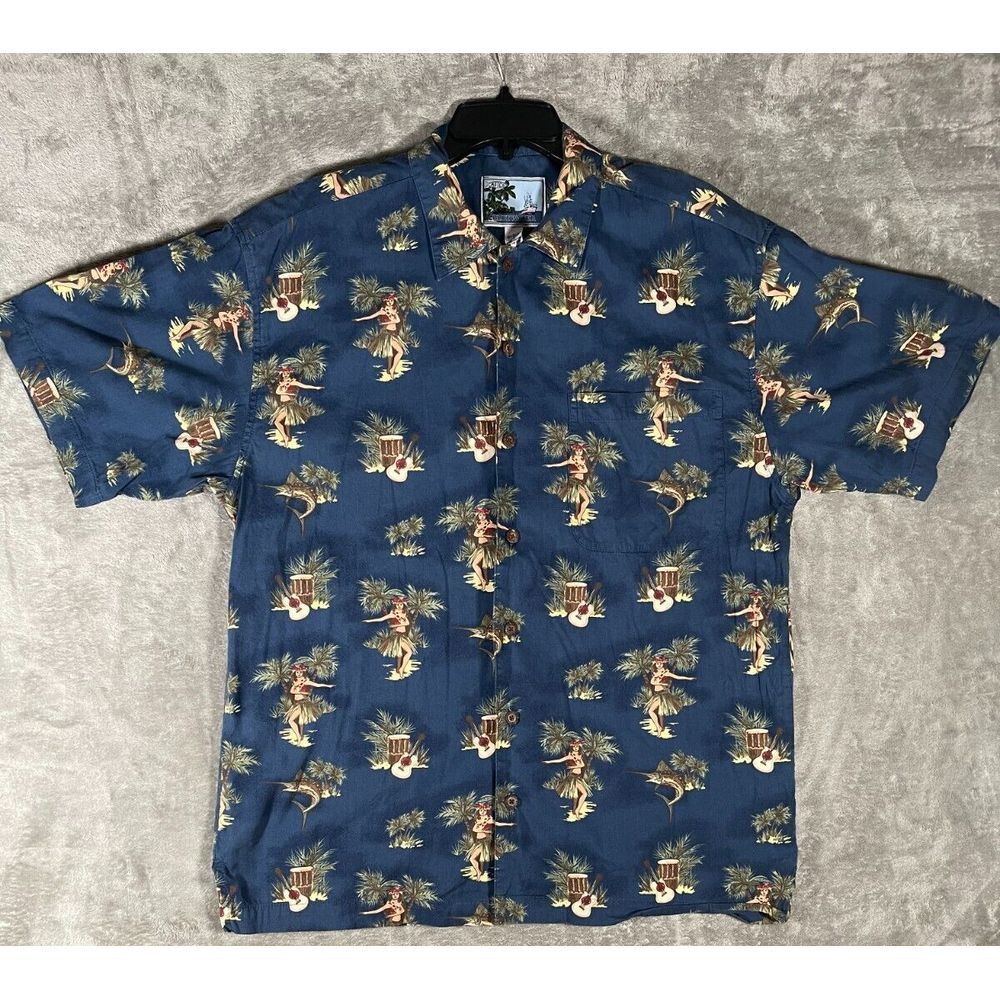 Aftco Bluewater Shirt Mens Large Button-Up Island Paradise Hawaiian USA Made